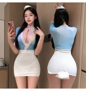 FEE ET MOI - Sweet Airways Deep V Bodycon Stewardess Outfit (Blue - White)